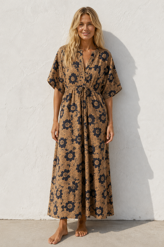 Blockprint katoenen jurk lang